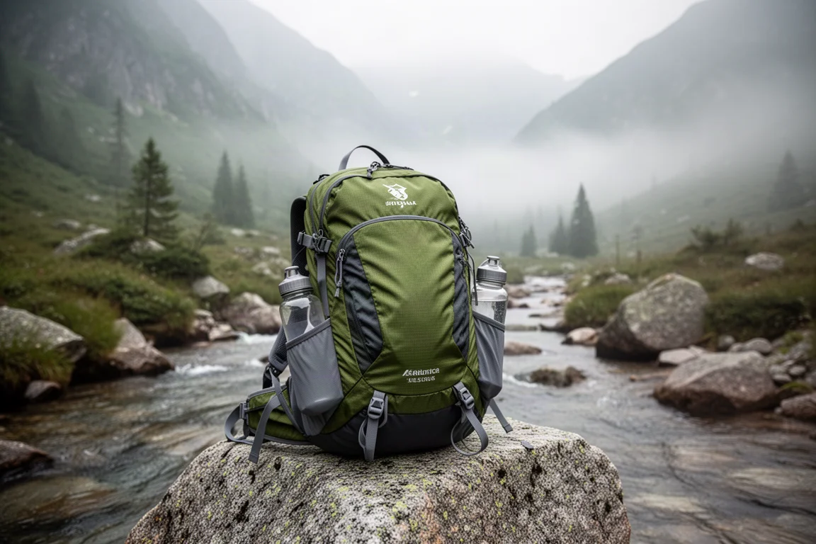 Trinkschlauch mit Mundventil an einem Rucksack-Schultergurt auf einem Wanderweg befestigt