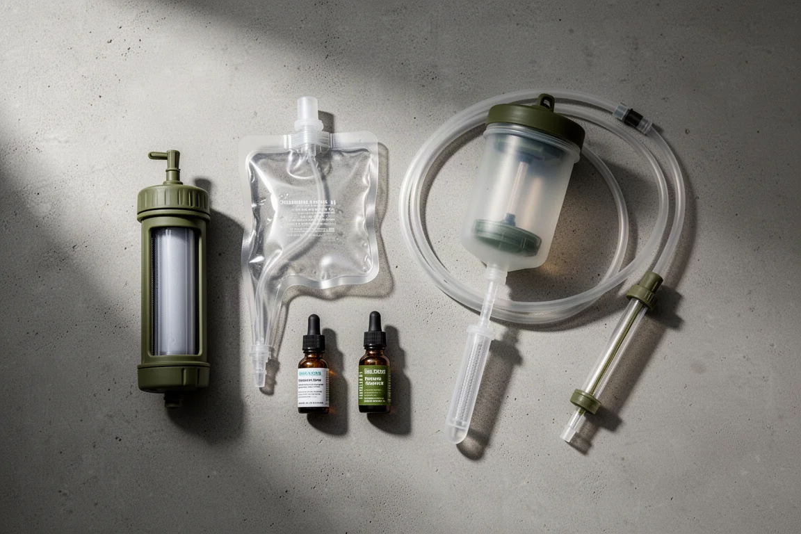 Flat-lay di filtri per l'acqua da backpacking, gocce per il trattamento e una sacca d'acqua su cemento