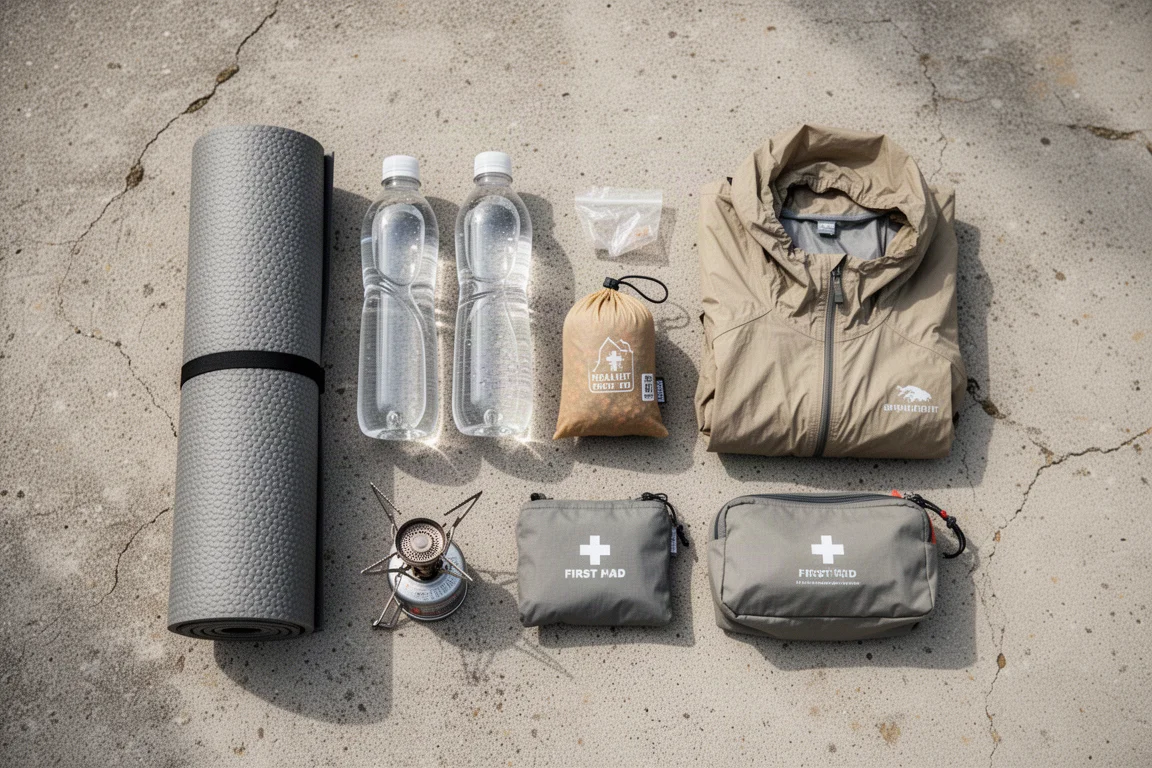 Overhead flat-lay of ultralight backpacking gear on weathered concrete