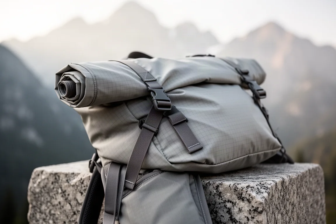 Close-up of a roll-top closure and top strap on a lightweight pack on granite