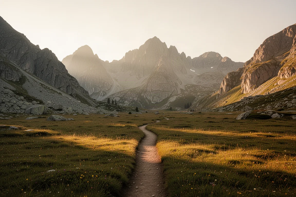 High alpine trail at golden hour winding through granite peaks and meadow