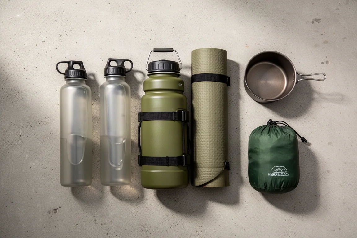 Overhead flat-lay of backpacking essentials including bottles and a bear canister