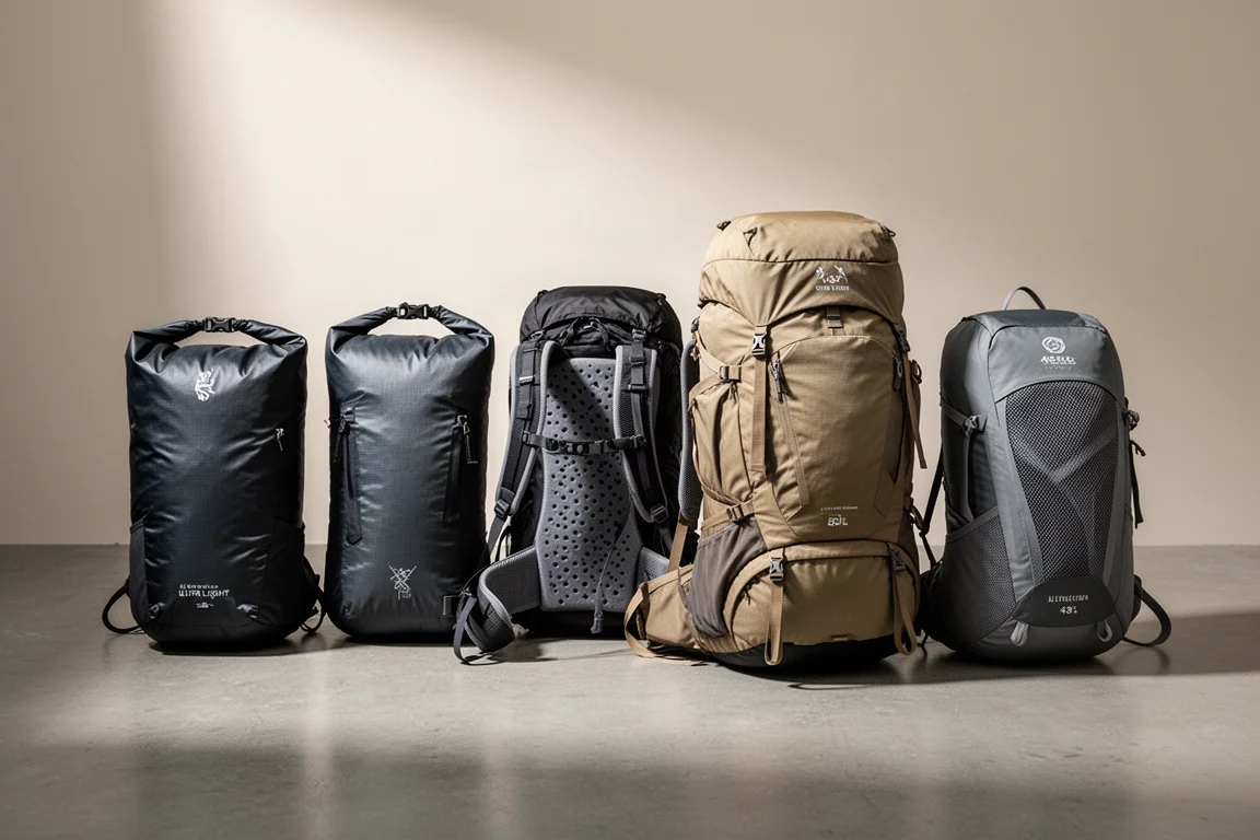 Five backpacking backpacks of different designs arranged in a row on concrete