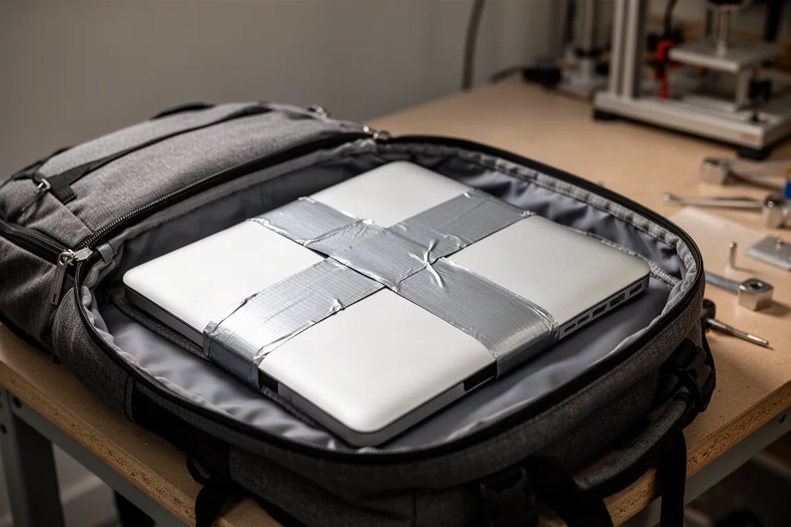 Backpack with aluminum flashing attached to a laptop for drop testing