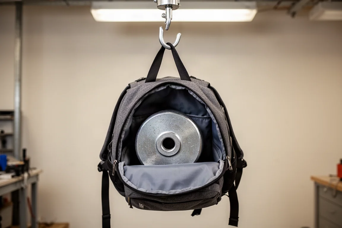 Backpack hanging from a hook with a steel weight inside for shock testing