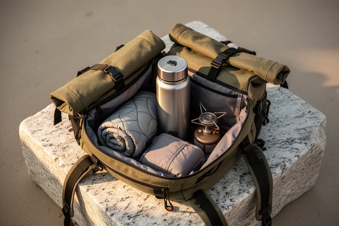 Öppen ryggsäck på granit med en upprätt björnbehållare inuti bland utrustningen
