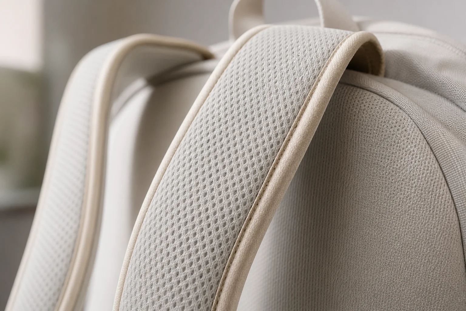 Ryggsäckens axelremmar med vaddering och ergonomisk designdetalj