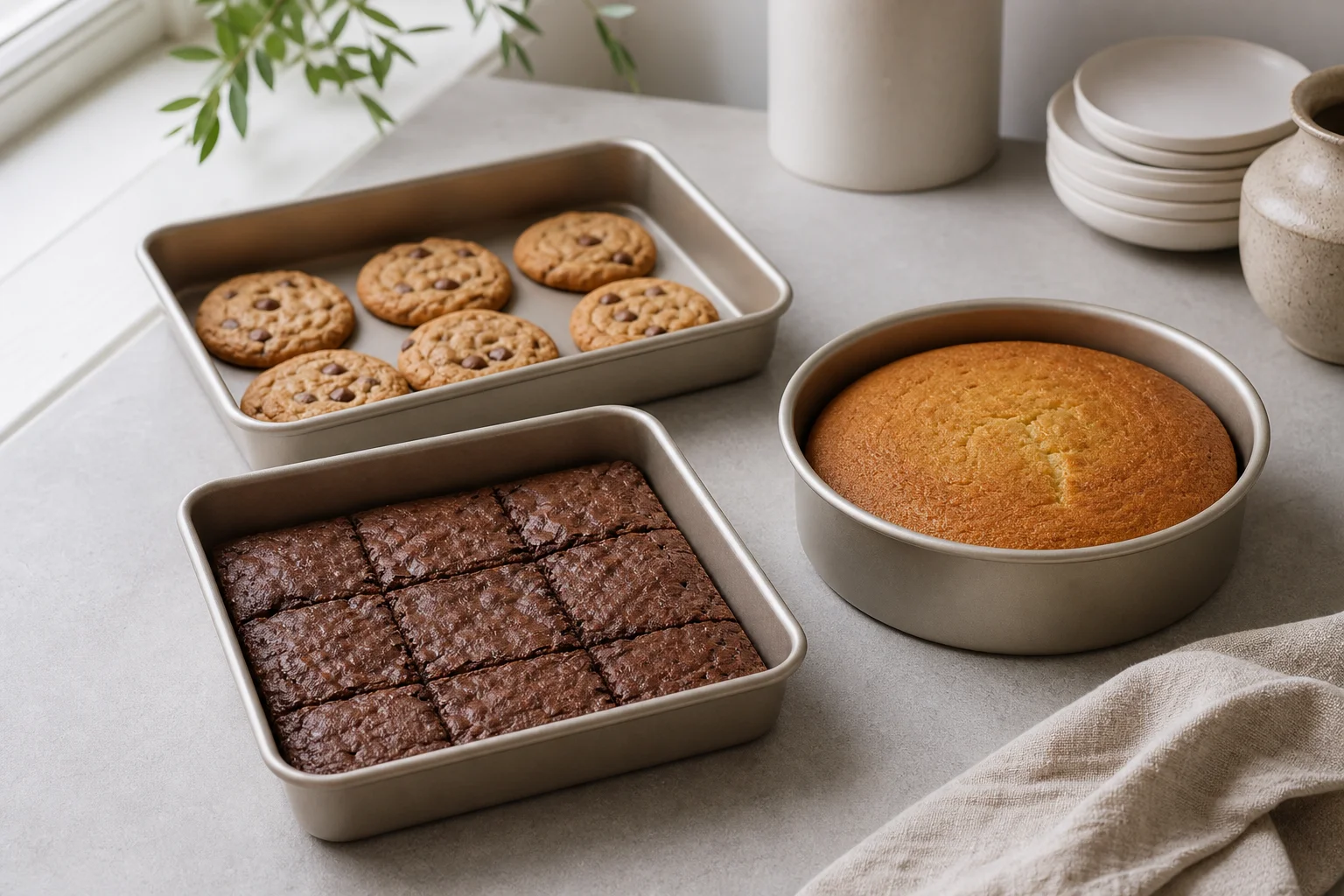 Assorted baked goods cooling on different sized baking pans on kitchen counter