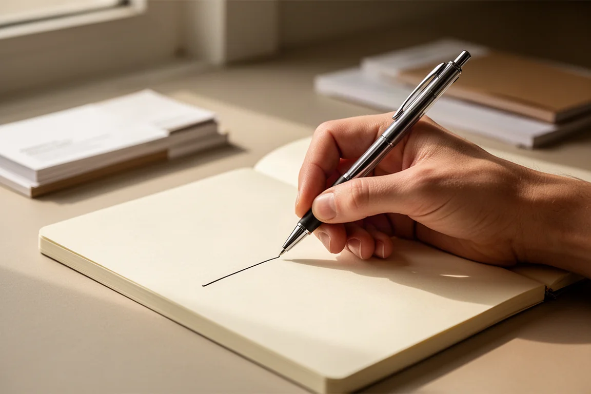 Mano escribiendo con fluidez sobre papel con un bolígrafo de bola bajo una cálida luz natural