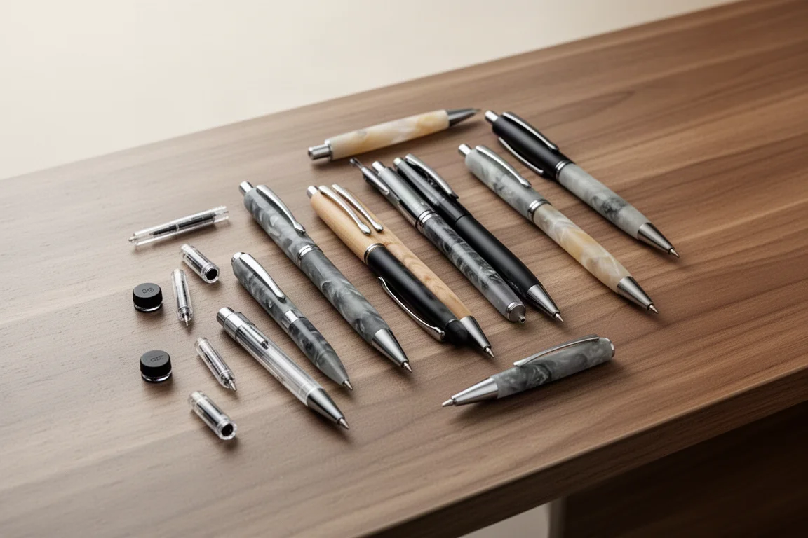 Colección de bolígrafos de tinta gel y recambios dispuestos sobre un escritorio de madera
