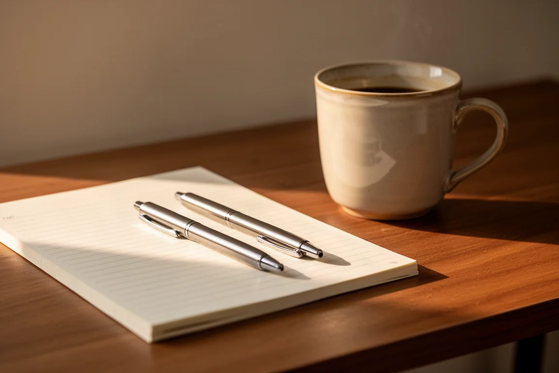 Escena de escritorio con bolígrafos y una libreta junto a una taza de café con luz suave