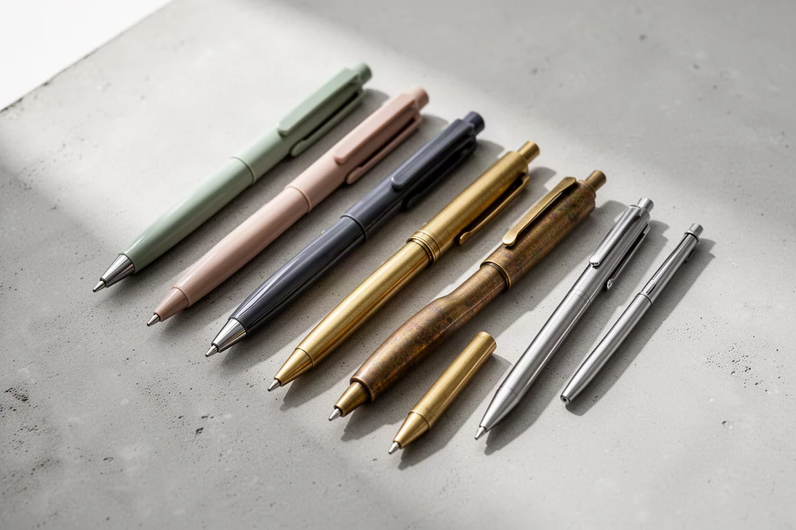 Thirteen assorted ballpoint pens arranged in rows on a light concrete surface