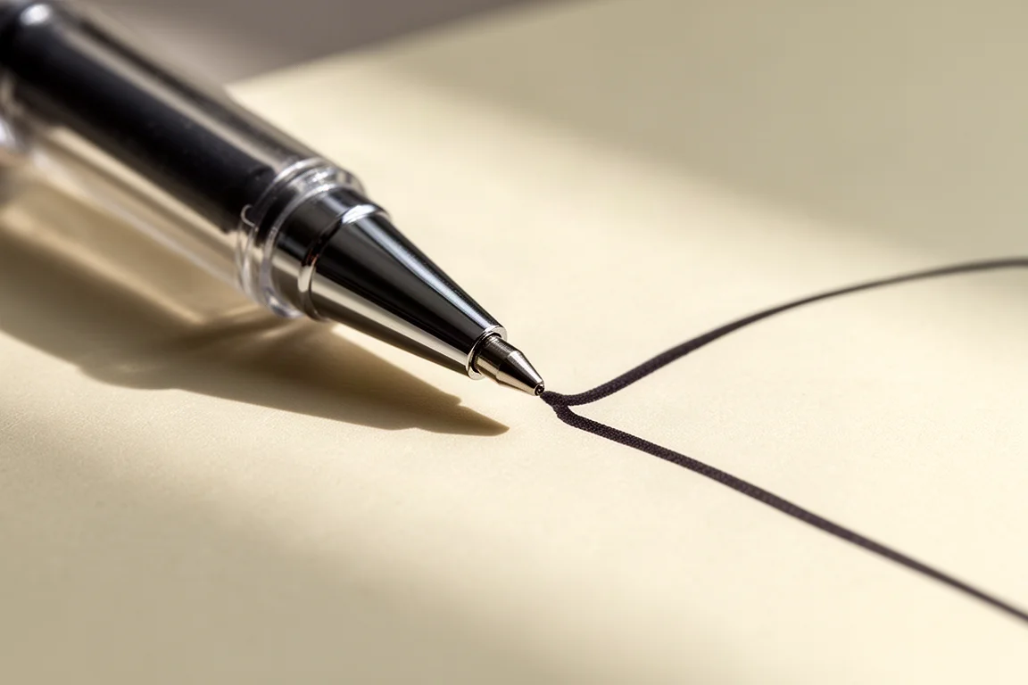 Close-up van een balpenpunt op papier met een strakke, donkere inktlijn