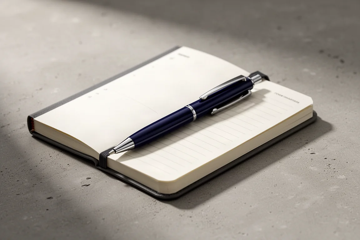 Een compacte balpen geclipst in de omslag van een papieren planner