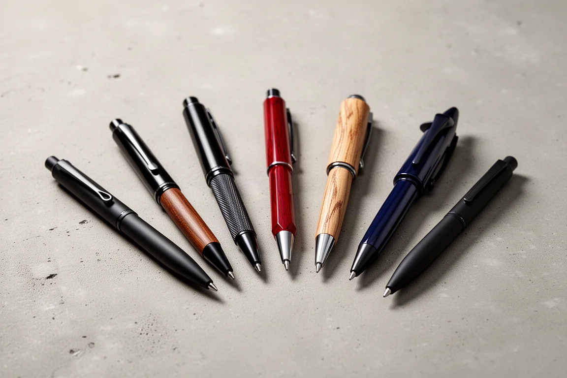 Seven assorted ballpoint pens arranged on a matte concrete surface