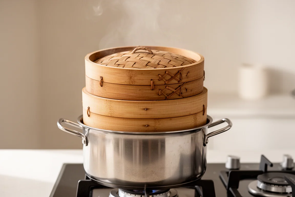 Stacked bamboo steamers releasing steam above a pot of simmering water