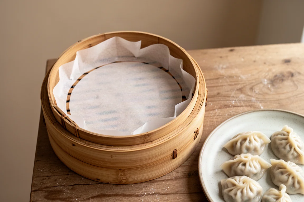 Parchment liner being placed inside a bamboo steamer tier with dumplings nearby