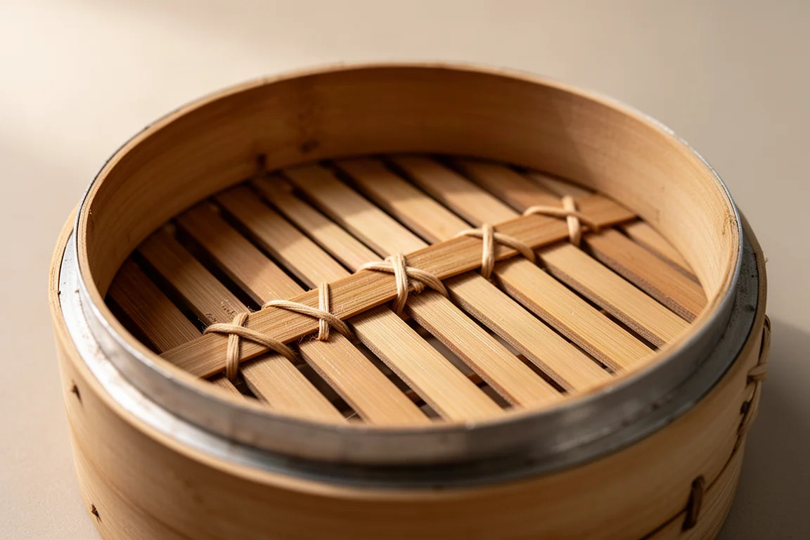 Close-up of bamboo steamer slats with woven bamboo thread binding