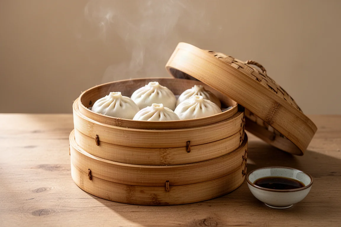 Freshly steamed bao buns arranged inside an open bamboo steamer