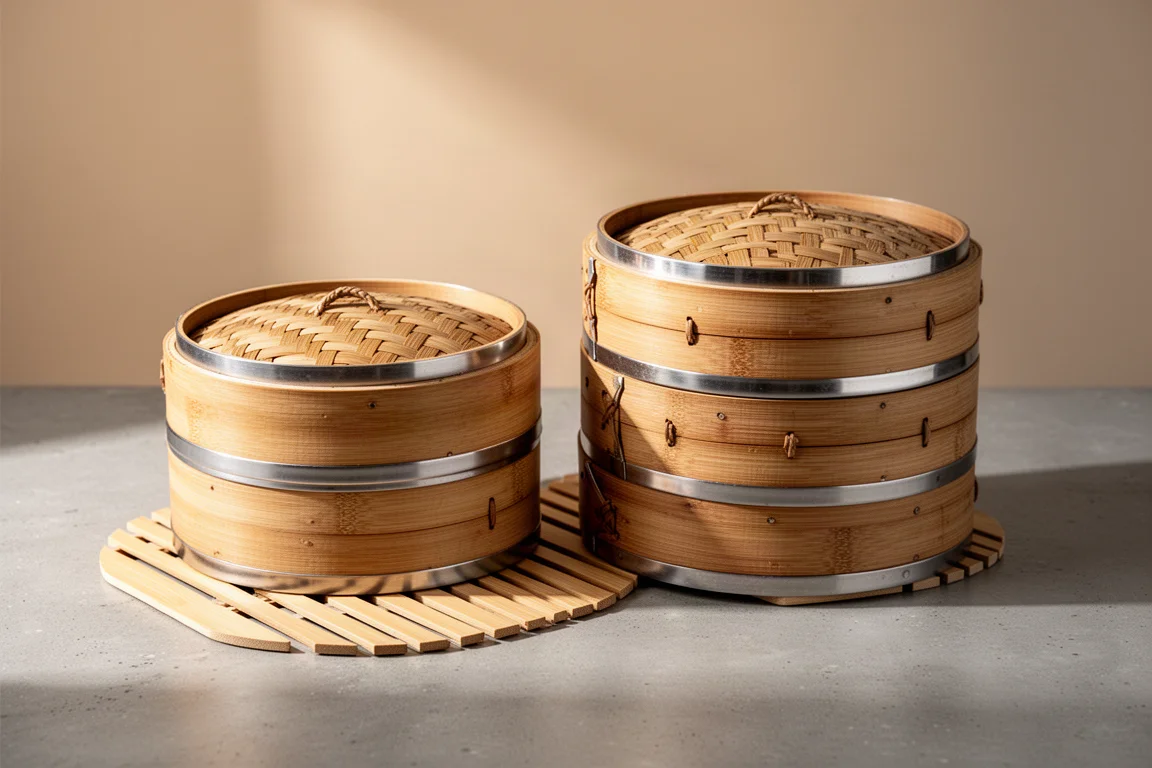 Two stacked bamboo steamers with woven lids on a neutral kitchen surface
