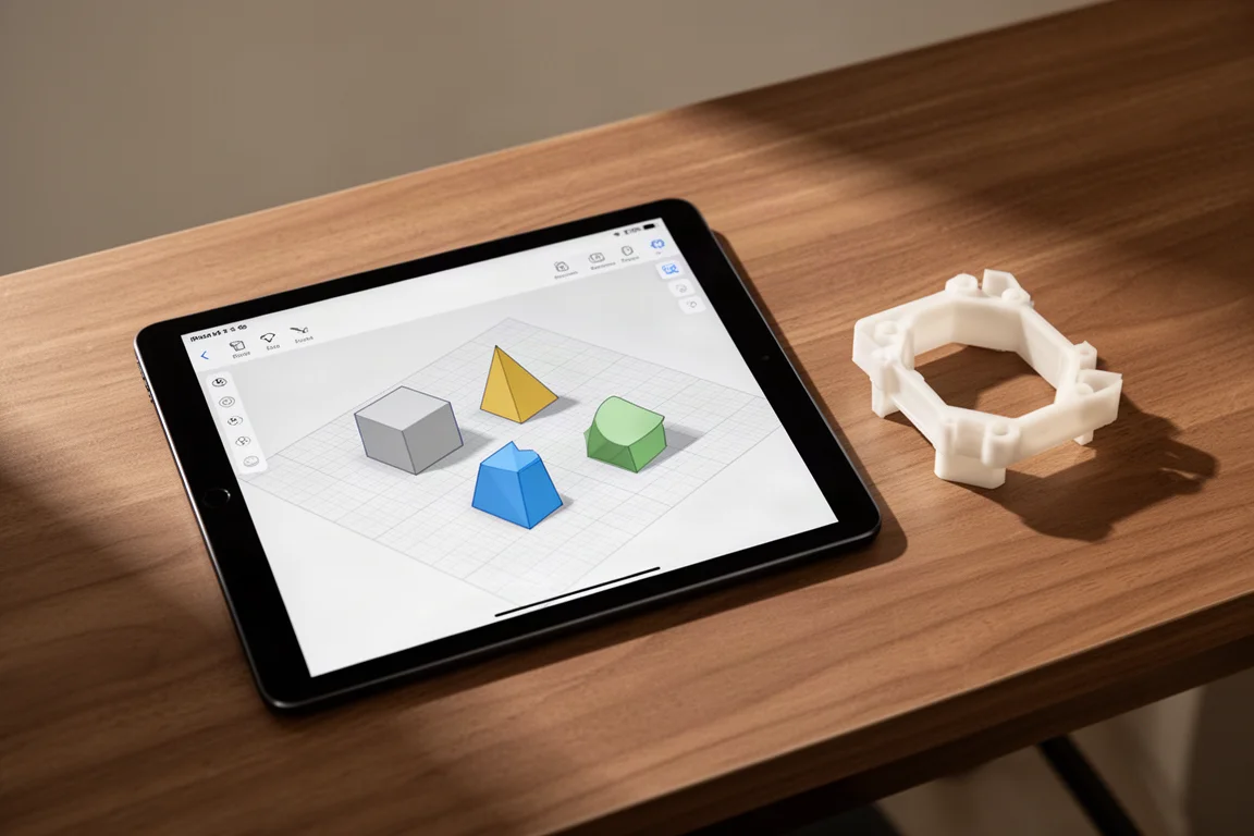在平板上的新手友善 3D 設計應用程式中,雙手組合簡單的幾何形狀
