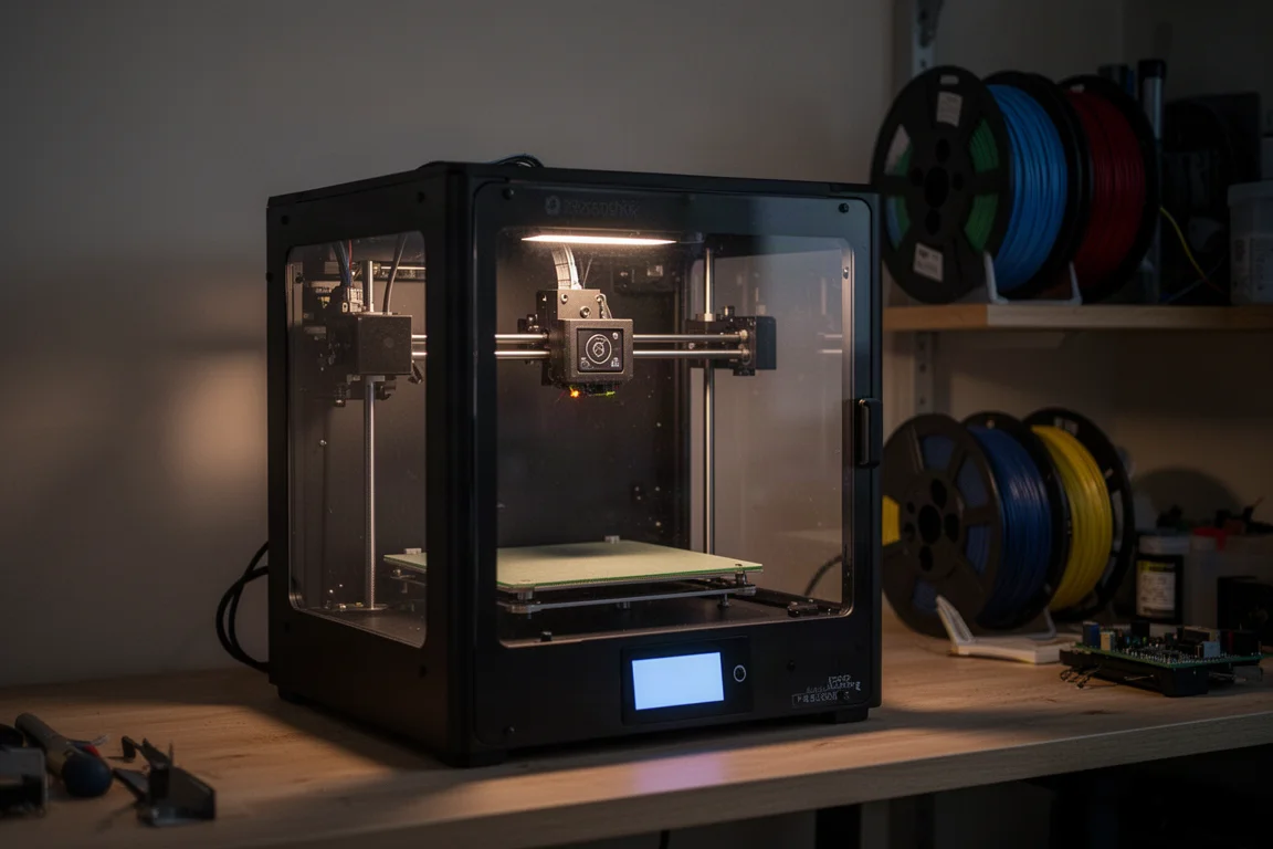 封閉式 3D 列印機在昏暗的家庭工作坊中安靜運轉,小螢幕發著微光