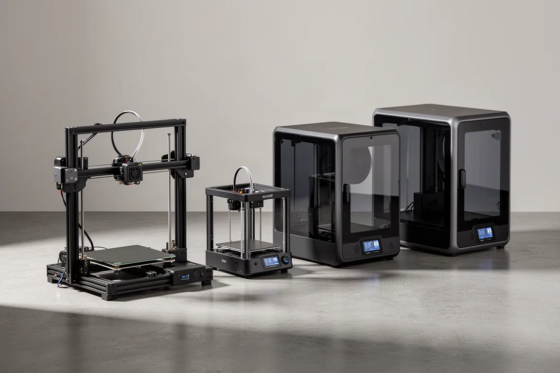 A lineup of five consumer 3D printers in a studio setting
