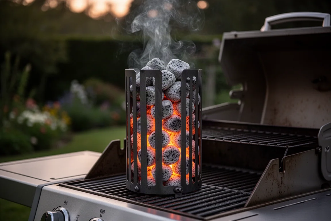 Glühende Kohle in einem Anzündkamin auf einem Grilltisch im Freien