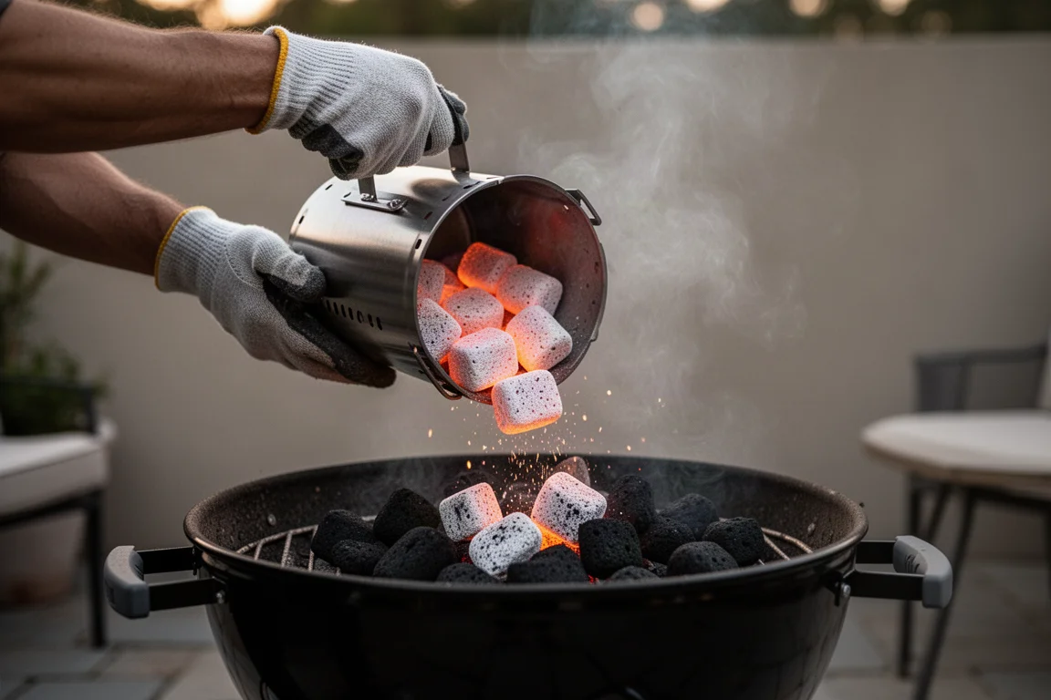 Glühend heiße Kohle wird aus einem Anzündkamin in einen Holzkohlegrill geschüttet