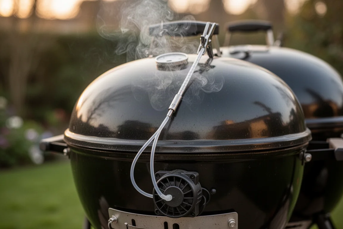 Grill-Fühlerthermometer und Lüfterregler neben einem rauchenden Grill aufgebaut