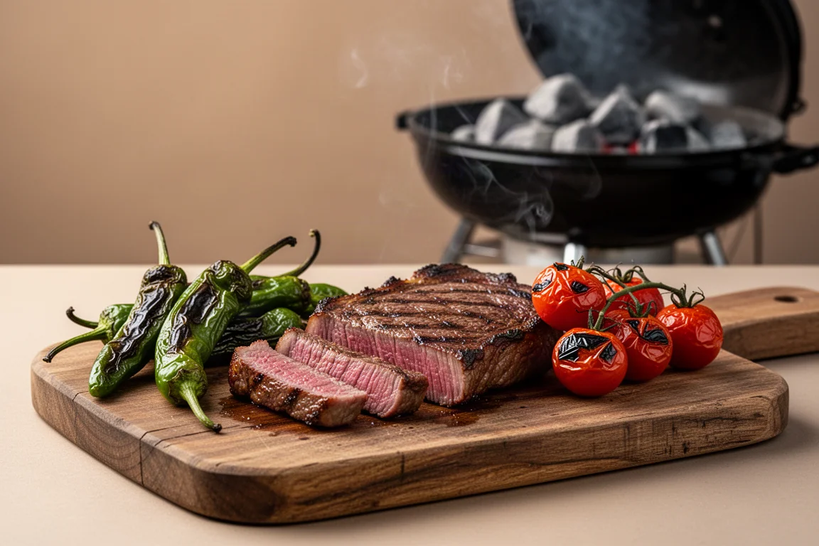 Gegrilltes Steak und Gemüse auf einem Holzbrett neben einem Grill serviert
