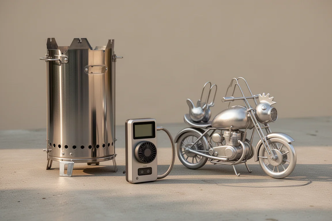 Chimney starter, thermometer controller and chicken roaster arranged on concrete