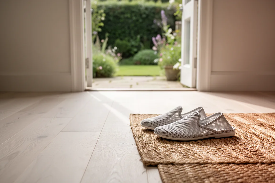 Pavimento in legno chiaro vicino a una porta aperta con un paio di scarpe minimal basse accanto a una stuoia intrecciata