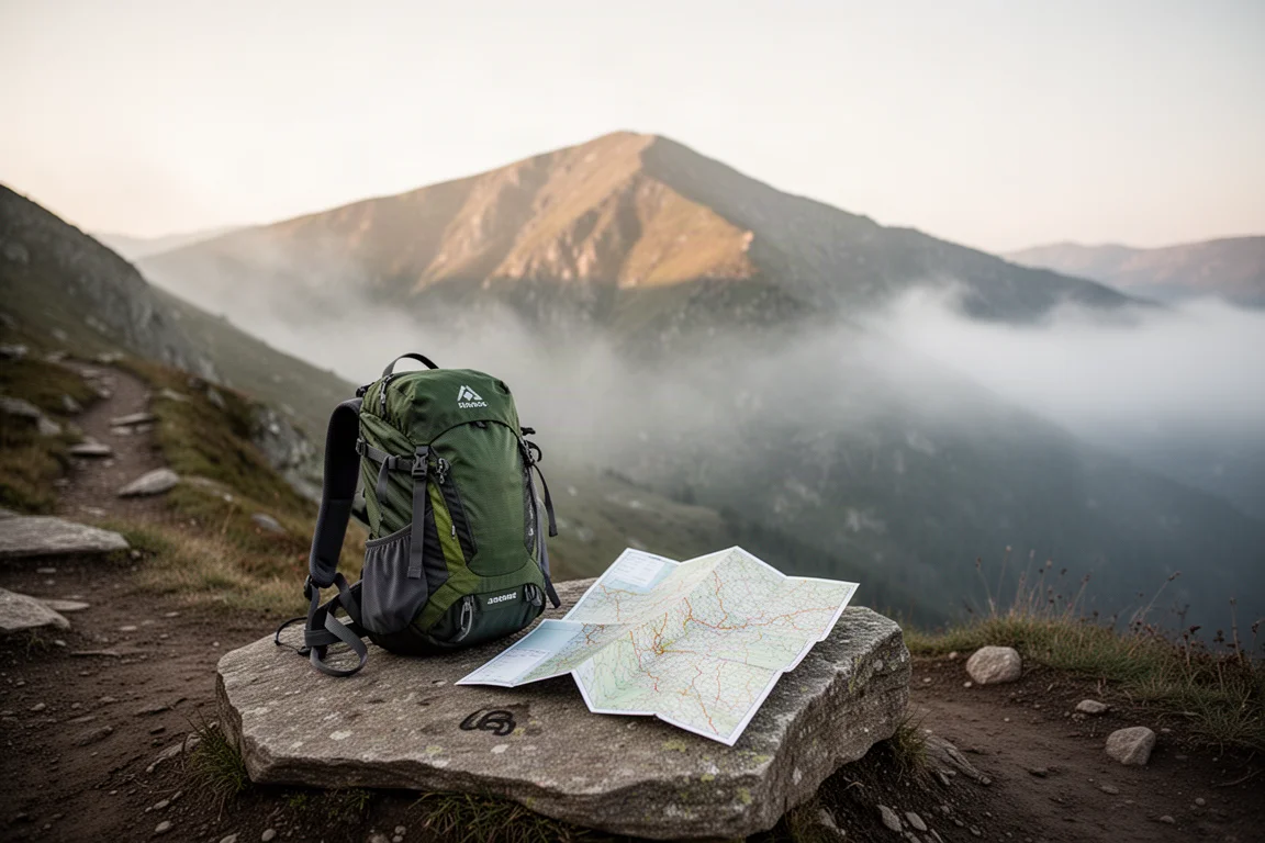 Zaino da escursionismo e mappa piegata appoggiati su una roccia a un bivio di sentiero di montagna nella prima luce