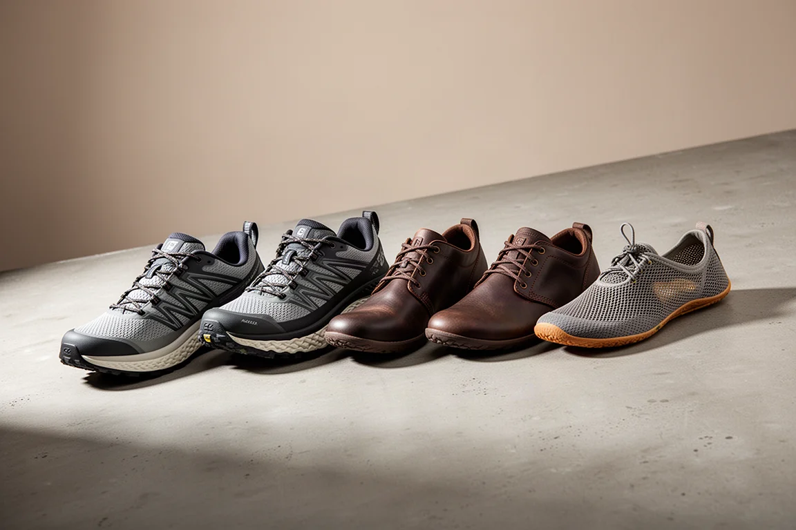 Lineup of five hiking shoes from cushioned trail runners to thin minimal leather shoes on concrete