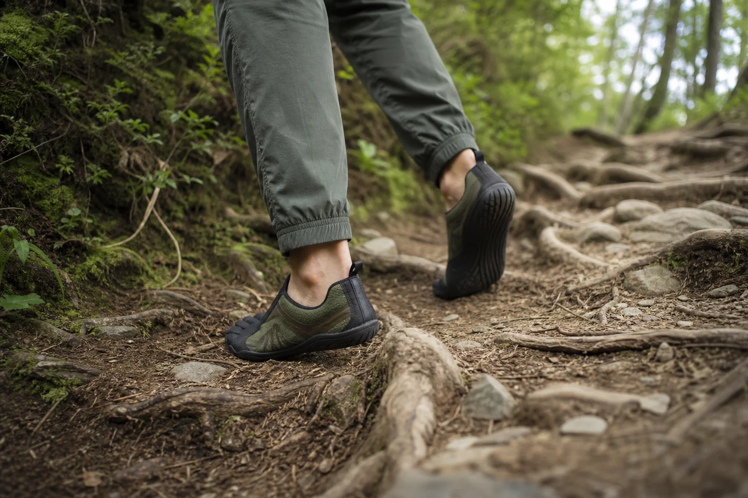Escursionista che indossa scarpe barefoot su un sentiero sterrato naturale con vegetazione