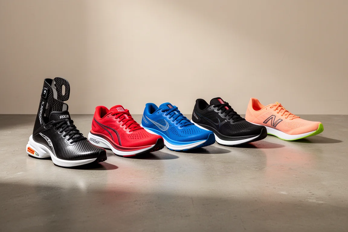 Eight running shoes in various colorways arranged on a concrete floor