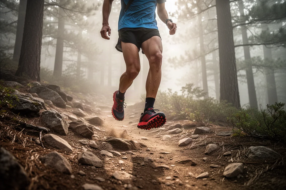 Biegacz trailowy zjeżdżający luźną kamienistą ścieżką singletrack przez las