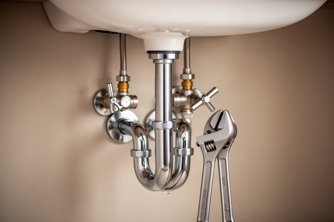 Under-sink plumbing workspace showing faucet supply lines a basin wrench must reach
