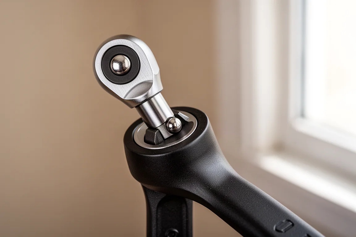 Interchangeable crow's foot attachment being fitted to a tool head