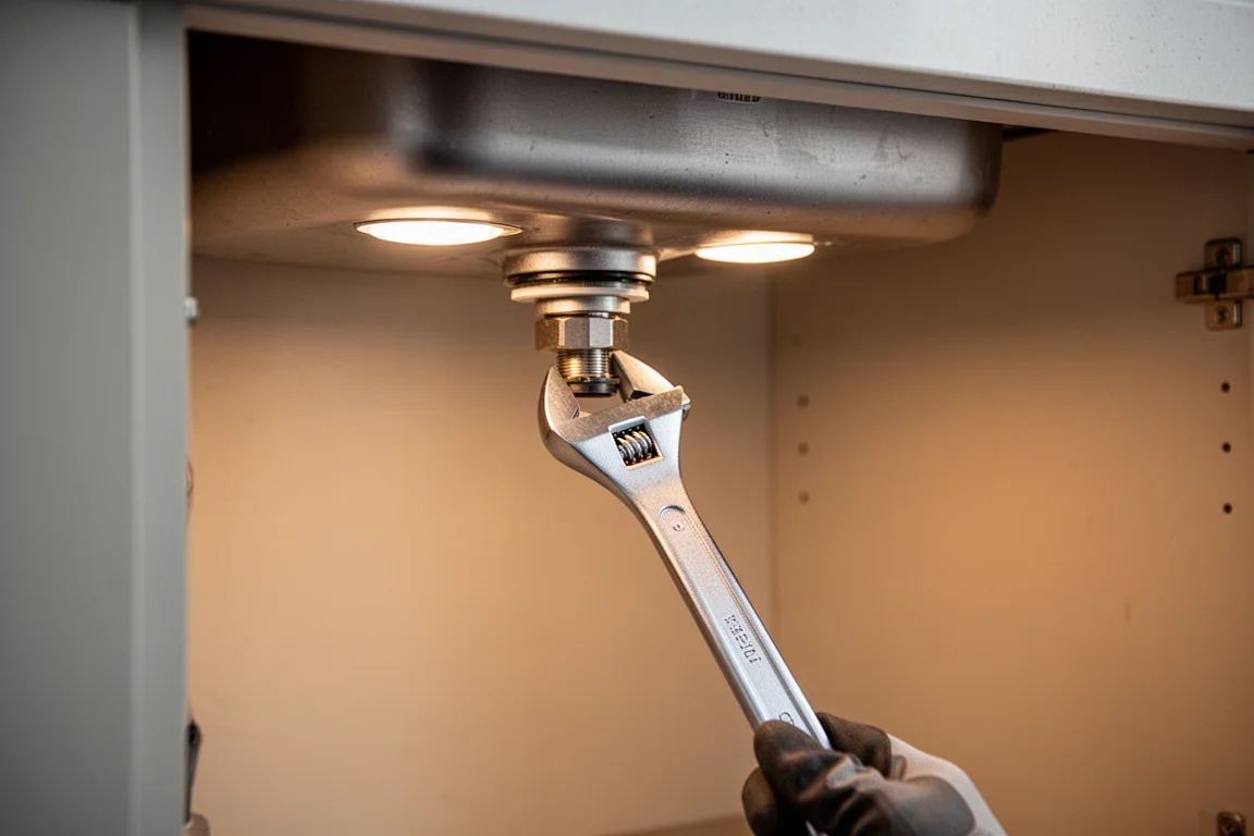 Wrench reaching up behind a sink to tighten a faucet mounting nut