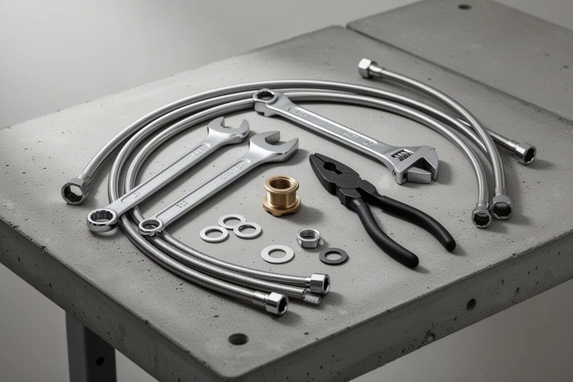 Flat-lay of faucet installation tools and hardware on a workbench