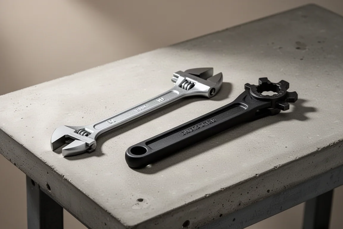 A classic basin wrench and a modern faucet swap out wrench side by side on concrete