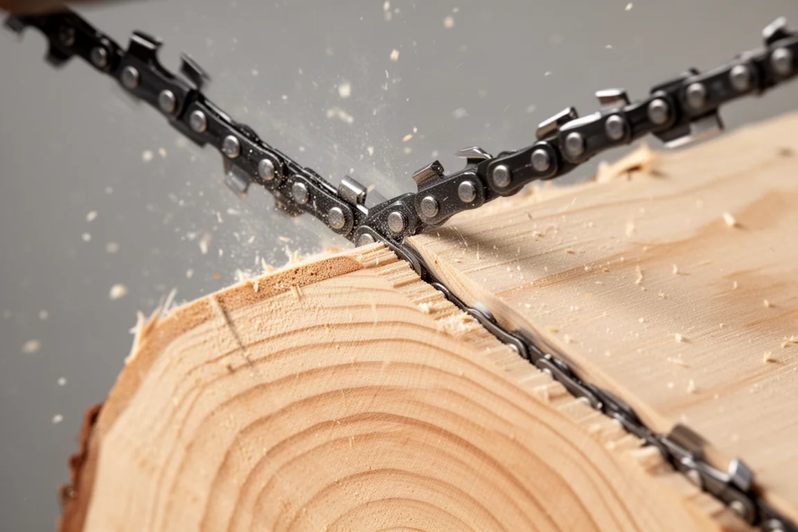 Close-up van een kettingzaagketting die in een zachthouten stam bijt terwijl zaagsel spetters
