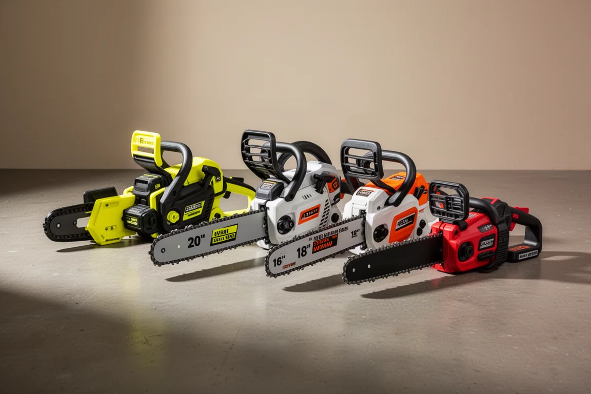 Four cordless battery chainsaws lined up on a concrete workshop floor