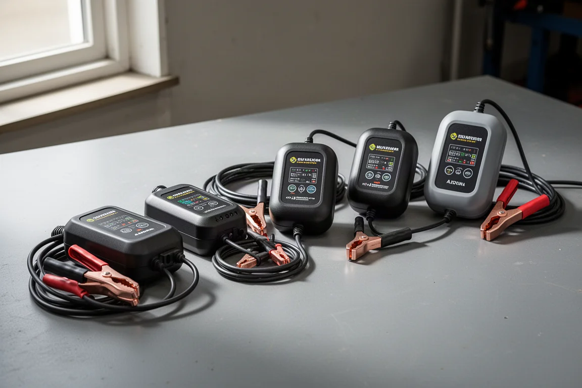 Row of compact battery charger units on a grey workshop surface