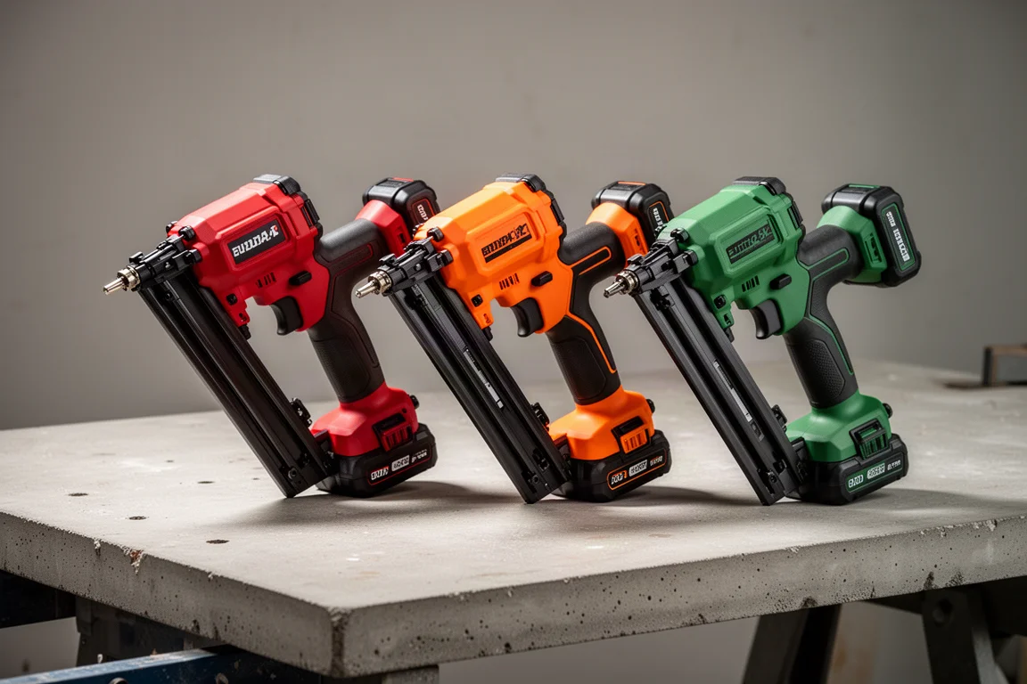 Three cordless framing nailers in red, orange and green lined up on a concrete bench