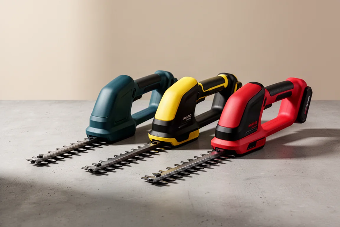 Three cordless hedge trimmers lined up on a concrete surface
