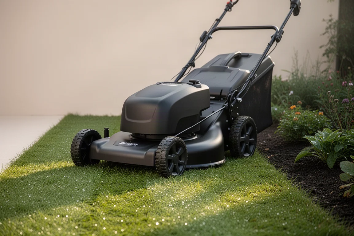 Cortador autopropelido de empurrar cortando uma faixa de grama ao lado de um canteiro de jardim