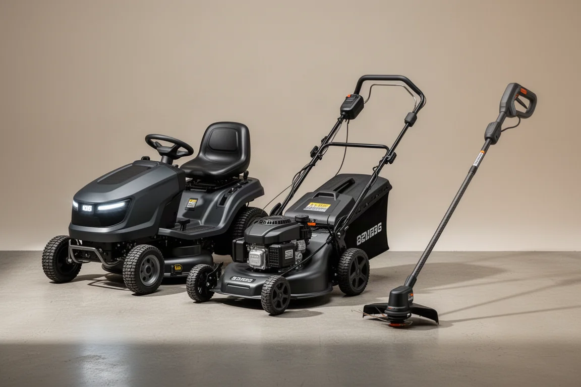 Compact electric riding mower, walk-behind mower, and string trimmer on a concrete surface